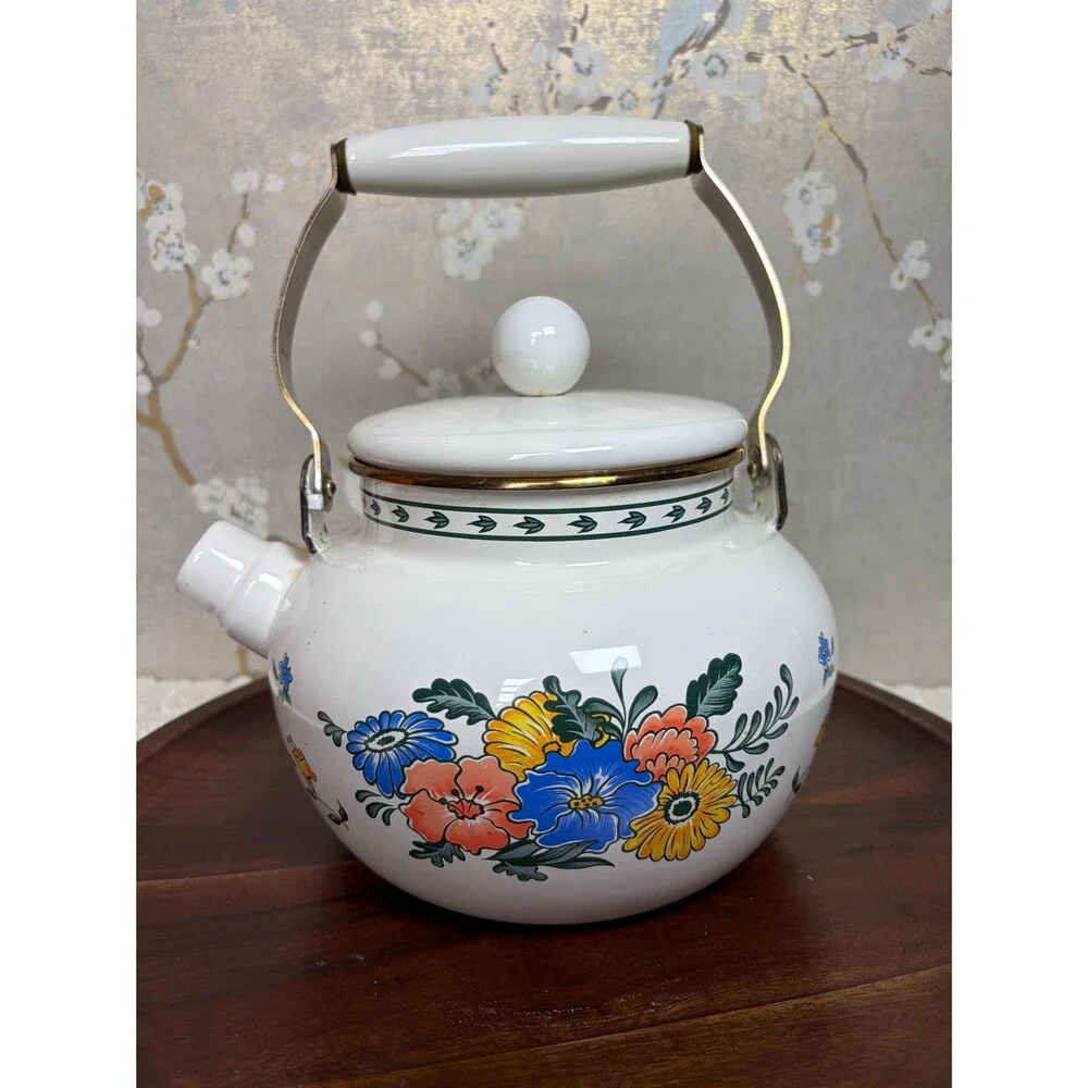 Vintage M Kamenstein Floral Enamel Teakettle White Brass Handle Tea Pot 1983